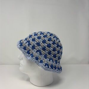 Icy Blue Striped Crochet Granny Stitch Bucket Hat